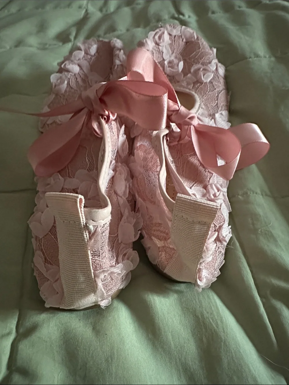Pink Floral Lace Ribbon Kids Ballet Flats